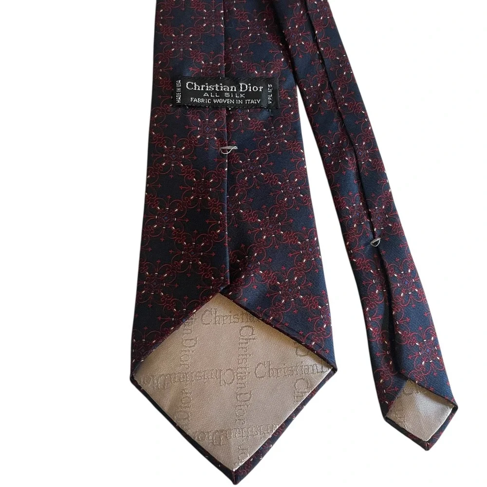 Christian Dior Silk Tie Navy & Red Geometric‎ Italian Fabric Made in USA